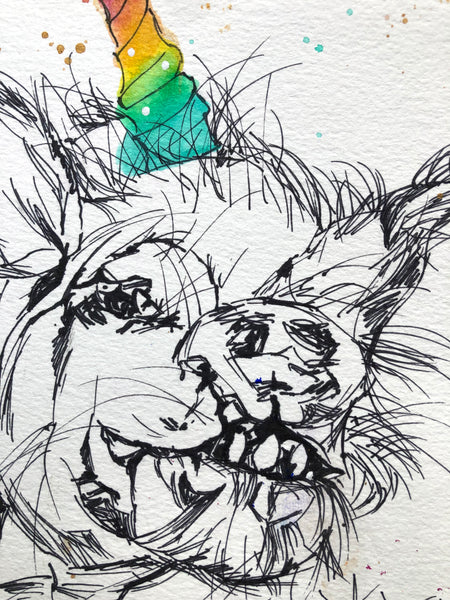 Glitter Rainbow Pig Art Original Mixed Media Painting 9” x 12” - benefits Odd Man In.man Animal Refuge