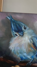 Load and play video in Gallery viewer, Blue-ish Fluffy Titmouse Original Oil Painting “Keep a Light in my Soul” 8”x8” FREE shipping