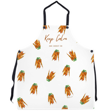 Load image into Gallery viewer, keep calm and carrot on vegan vegetarian kitchen apron with allison luci original art
