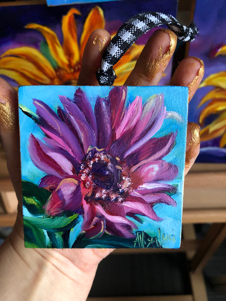 TINY My Own Muse Pink Sunflower Square Original Oil Painting 3" x 3"