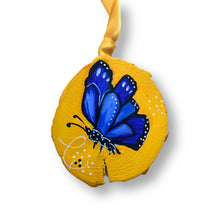 Load image into Gallery viewer, Flutterby Butterfly Tree Slice Ornament Hand Painted - Butterfly Spring Collection
