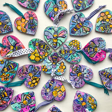 Load image into Gallery viewer, Bee Mine Wood Bee Heart Ornaments