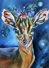 Load image into Gallery viewer, Interior Design Animal Art Garden Fairy Doe  Deer with Flower CRown Oil Painting Allie for the Soul Allison Luci Art Magical Artwork Mystical Nursery Room Art Decor