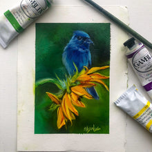 Load image into Gallery viewer, Sunflower and Bluebird "Magnet for Miracles" Original Oil Painting 4" x 6" on 6" x 8" Paper (Also Available with framing options)