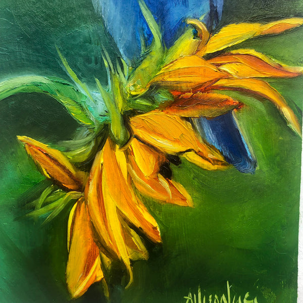Sunflower and Bluebird "Magnet for Miracles" Original Oil Painting 4" x 6" on 6" x  8" Paper (Also Available with framing options)