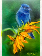 Load image into Gallery viewer, Sunflower and Bluebird "Magnet for Miracles" Original Oil Painting 4" x 6" on 6" x 8" Paper (Also Available with framing options)