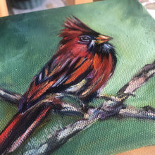Load image into Gallery viewer, red cardinal believe beyond seeing meaningful inspirational oil painting bird lover visitor from heaven allison luci art allie for the soul
