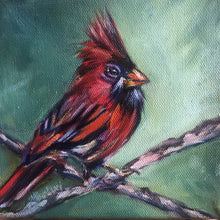 Load image into Gallery viewer, red cardinal believe beyond seeing meaningful inspirational oil painting bird lover visitor from heaven allison luci art allie for the soul
