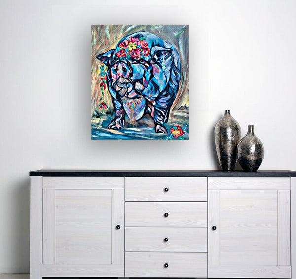 Frida Kahlo Inspired Pig Portrait on Gallery Wrapped CANVAS Print