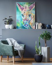 Load image into Gallery viewer, donkey colorful bold bright art gallery wrapped canvas painting allison luci artist animal sanctuary art
