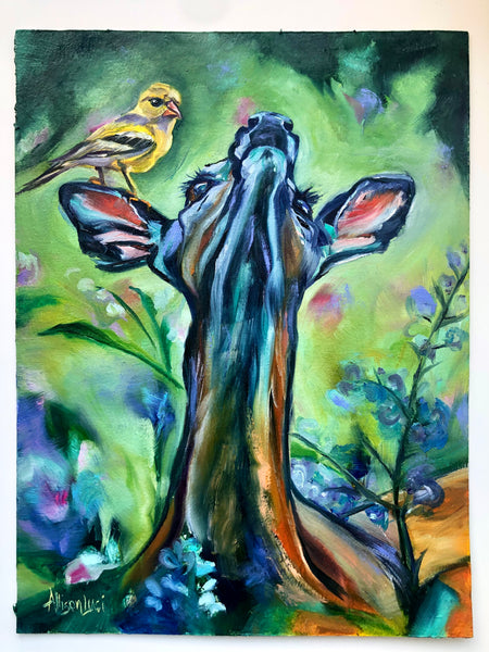 Tranquility Fairy Doe with Bird Original Oil Painting 9x12