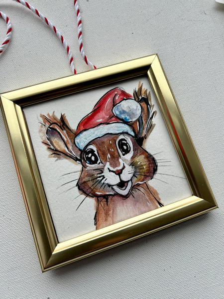 Christmas Squirrel 4x4 Painted Framed Ornament