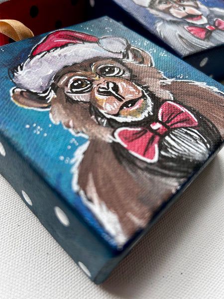 Santa Monkey 4x4 Painted Ornament