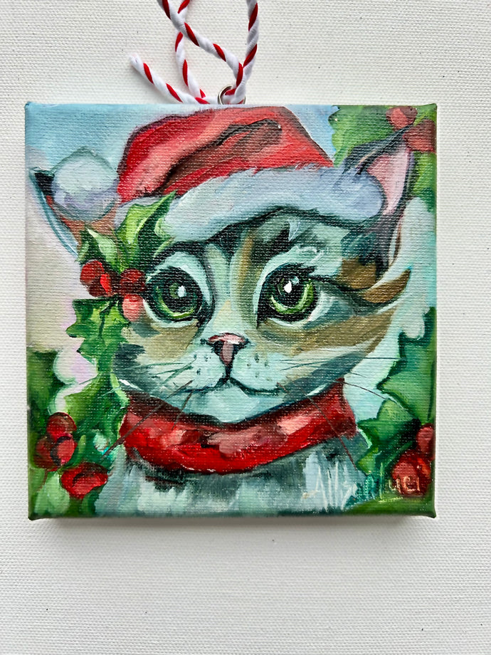 Santa Kitty Original Oil Painting 5x5