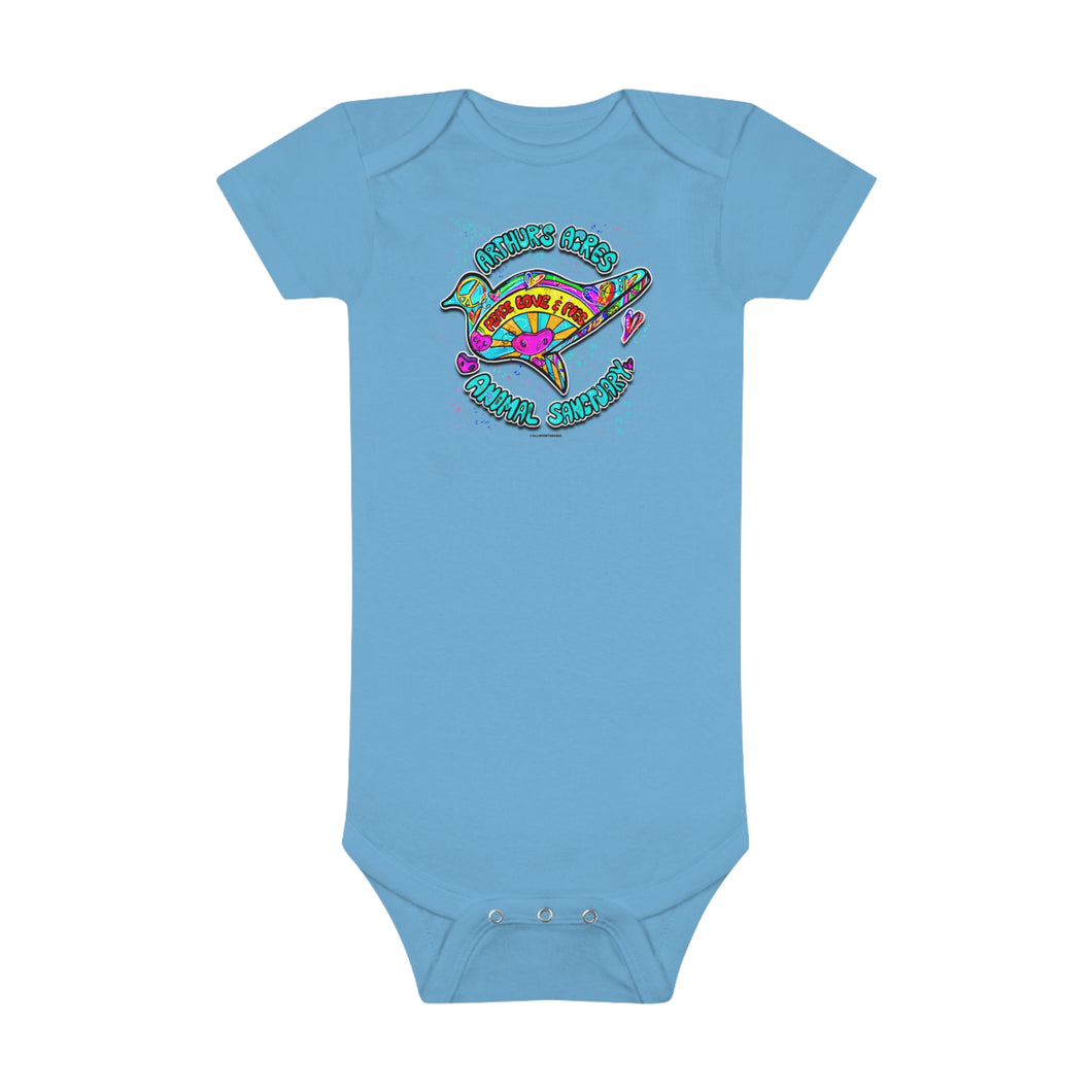 Peace Love and Pigs (on back) Baby Short Sleeve Onesie® with Dove Design for Arthur's Acres - Pink or Blue - Design on back too!