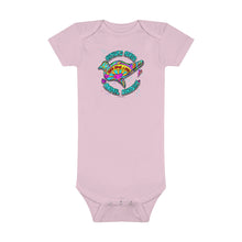 Load image into Gallery viewer, Peace Love and Pigs (on back) Baby Short Sleeve Onesie® with Dove Design for Arthur&#39;s Acres - Pink or Blue - Design on back too!
