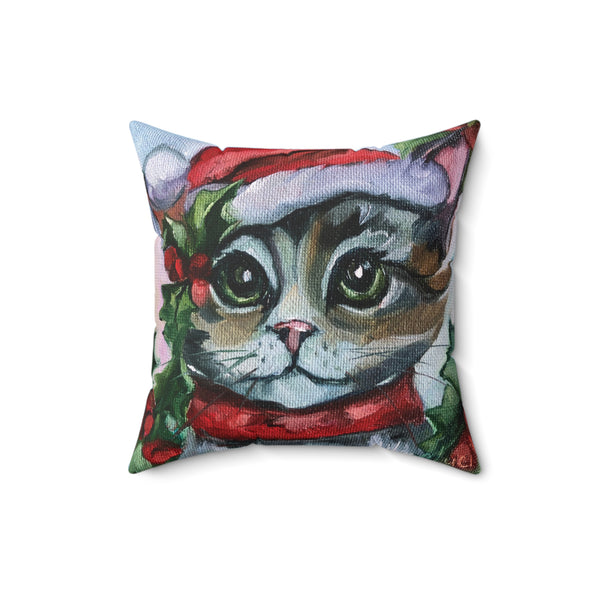 Santa Kitty Christmas Faux Suede Square Pillow 16