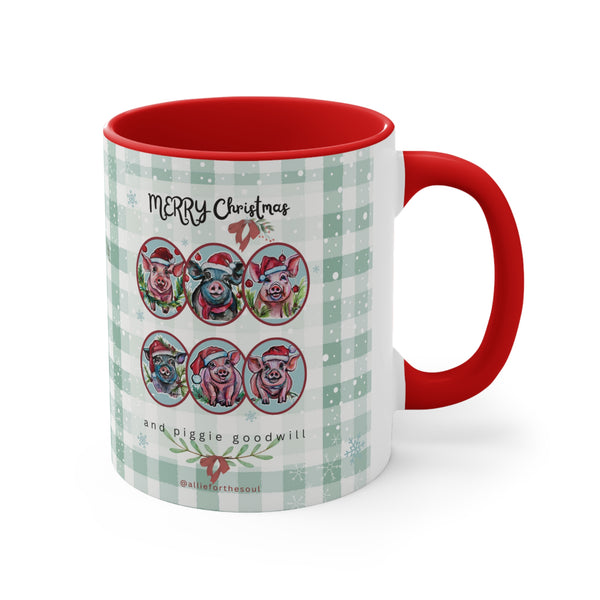 Piggie Goodwill Santa Pigs Watercolor Art on a Pink or Red Accent Coffee Mug, 11oz