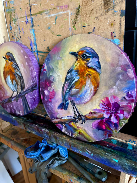 Robin in Spring Blossoms Original Oil Painting 8” round