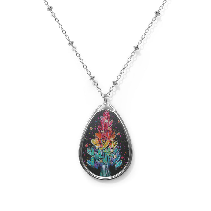 Colorful Tree full of LOVE Oval Necklace with Silver Chain