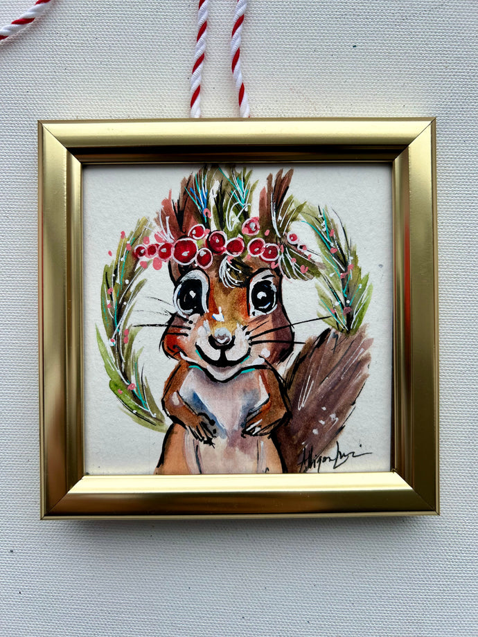 Christmas Squirrel 4x4 Painted Framed Ornament