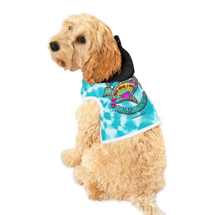 Peace Love and Pigs Tie Dye Pet Hoodie with Dove Design for Arthur's Acres - 5 SIZES Blue/Black