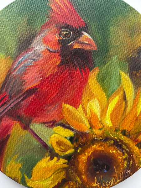 Basking in the Sun Cardinal Original Oil Painting 8” round