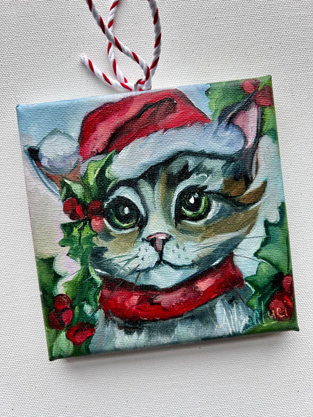 Santa Kitty Original Oil Painting 5x5