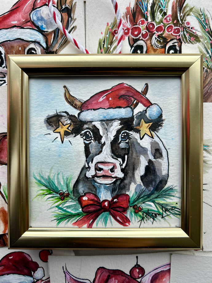 Christmas Cow 4x4 Painted Framed Ornament