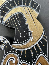 Load image into Gallery viewer, New Moon Art - stand up Cat and Crescent Moon with gold leaf
