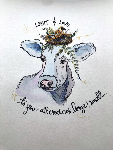 Original Watercolor Painting Cow and Bird Art Light and Love