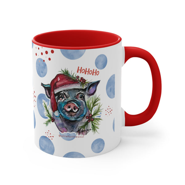 Blue Santa Pig Watercolor Art on a Blue or Red Accent Coffee Mug, 11oz