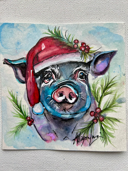 Christmas Piggie 4x4 Painted Framed Ornament