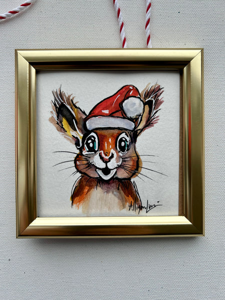 Christmas Squirrel 4x4 Painted Framed Ornament