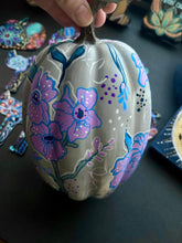 Load image into Gallery viewer, Farmhouse Grey Hand Painted Pumpkin with Lavender Flowers
