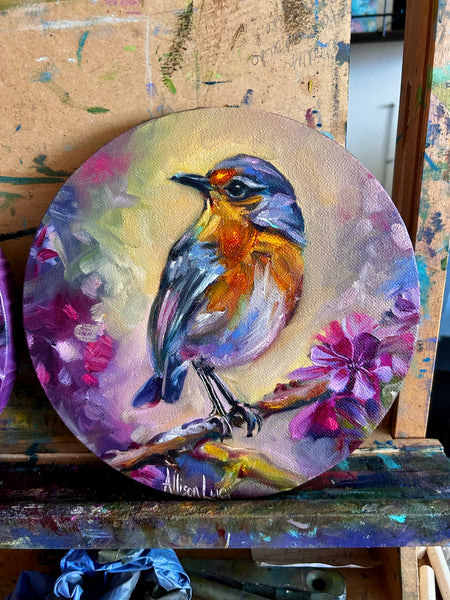 Robin in Spring Blossoms Original Oil Painting 8” round
