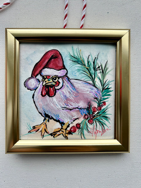 Christmas Chicken 4x4 Painted Framed Ornament