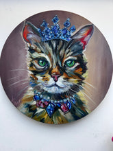 Load image into Gallery viewer, Sapphire a Beautiful Cat with a Crown of Jewels Original Oil Painting 12” round
