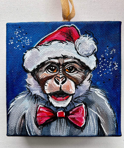 Santa Monkey 4x4 Painted Ornament