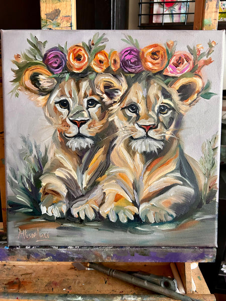 Love and Wonder Baby Lions with Flower Crowns Original Oil Painting 12”x 12”