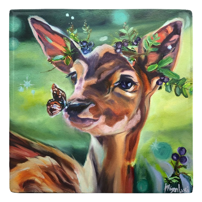 Precious Holly Deer with Monarch Butterfly Metal Magnet 2x2