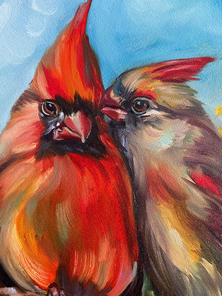 Cardinals in Love Original Oil Painting 16” round