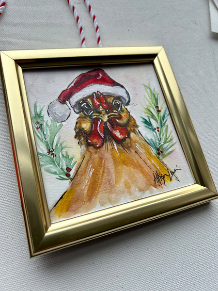 Christmas Chicken 4x4 Painted Framed Ornament