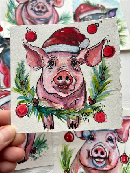 Christmas Piggie 4x4 Painted Framed Ornament