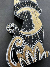 Load image into Gallery viewer, New Moon Art - stand up Cat and Crescent Moon with gold leaf
