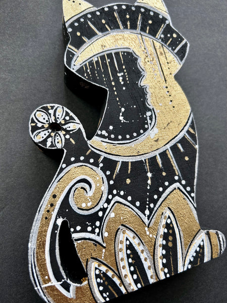 New Moon Art - stand up Cat and Crescent Moon with gold leaf