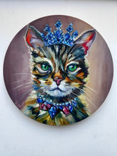 Load image into Gallery viewer, Sapphire a Beautiful Cat with a Crown of Jewels Original Oil Painting 12” round
