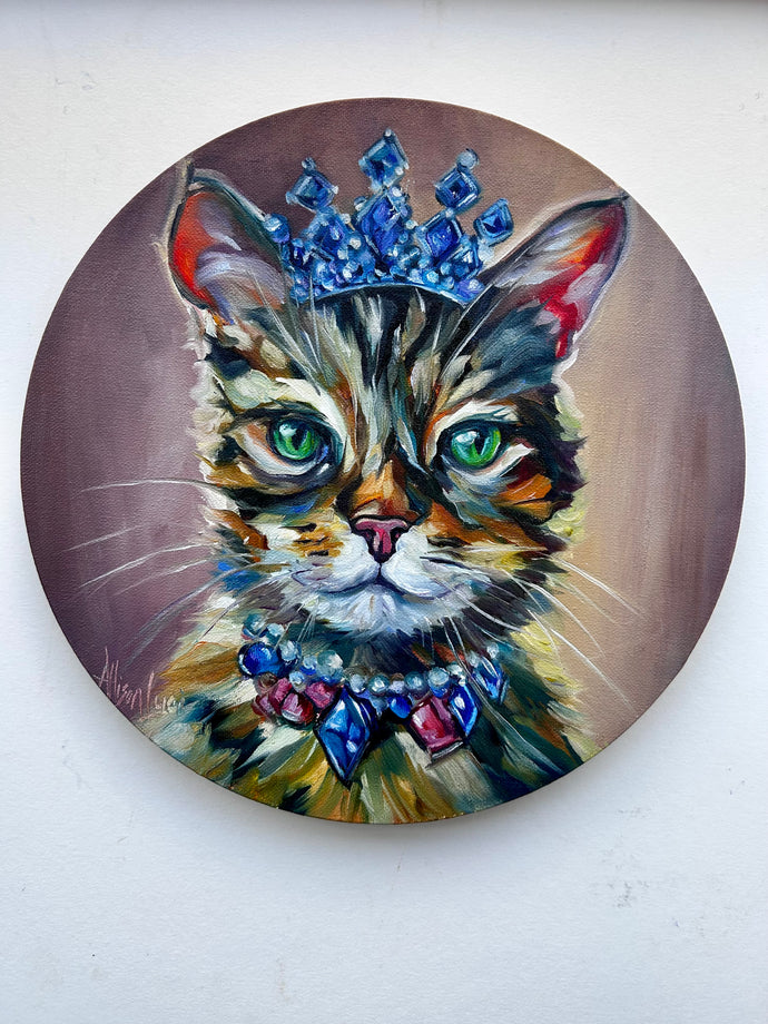 Sapphire a Beautiful Cat with a Crown of Jewels Original Oil Painting 12” round