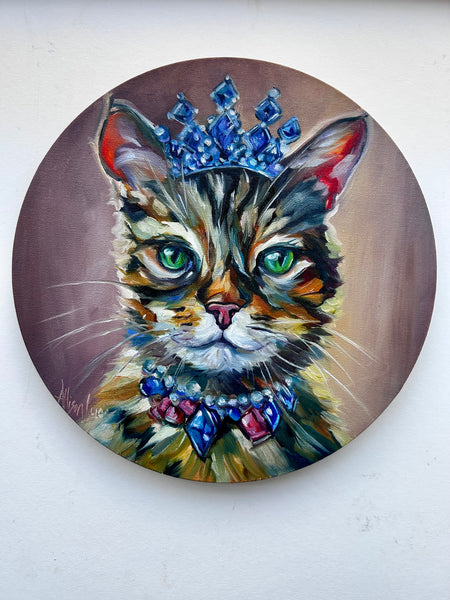 Sapphire a Beautiful Cat with a Crown of Jewels Original Oil Painting 12” round