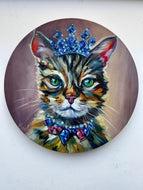 Sapphire a Beautiful Cat with a Crown of Jewels Original Oil Painting 12” round